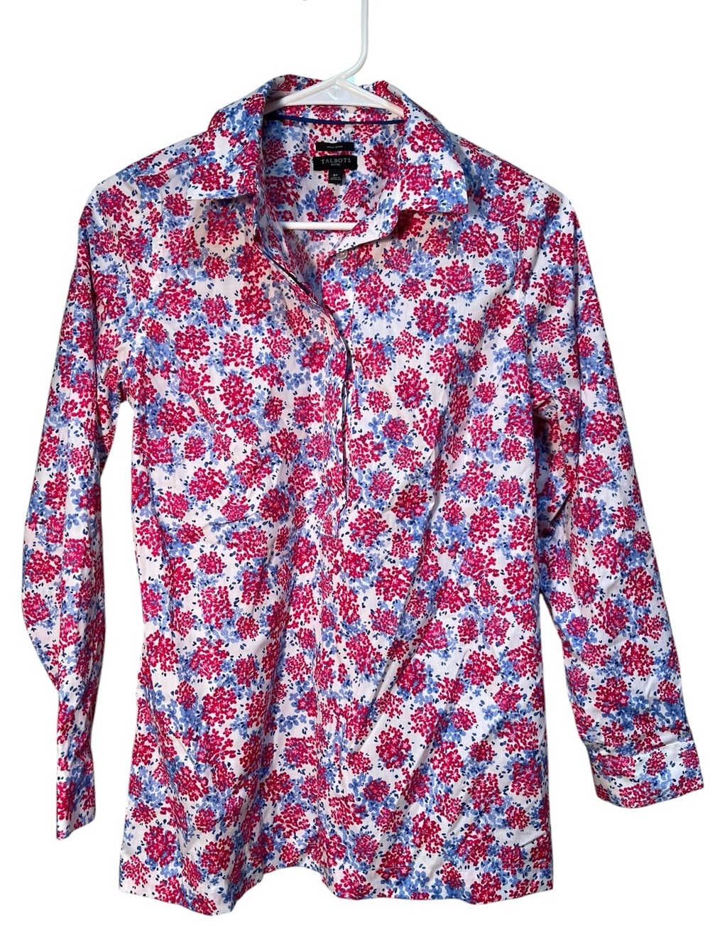 Talbots Women's Sz 6 Petite Popover Top Half Button White Pink Periwinkle Floral
